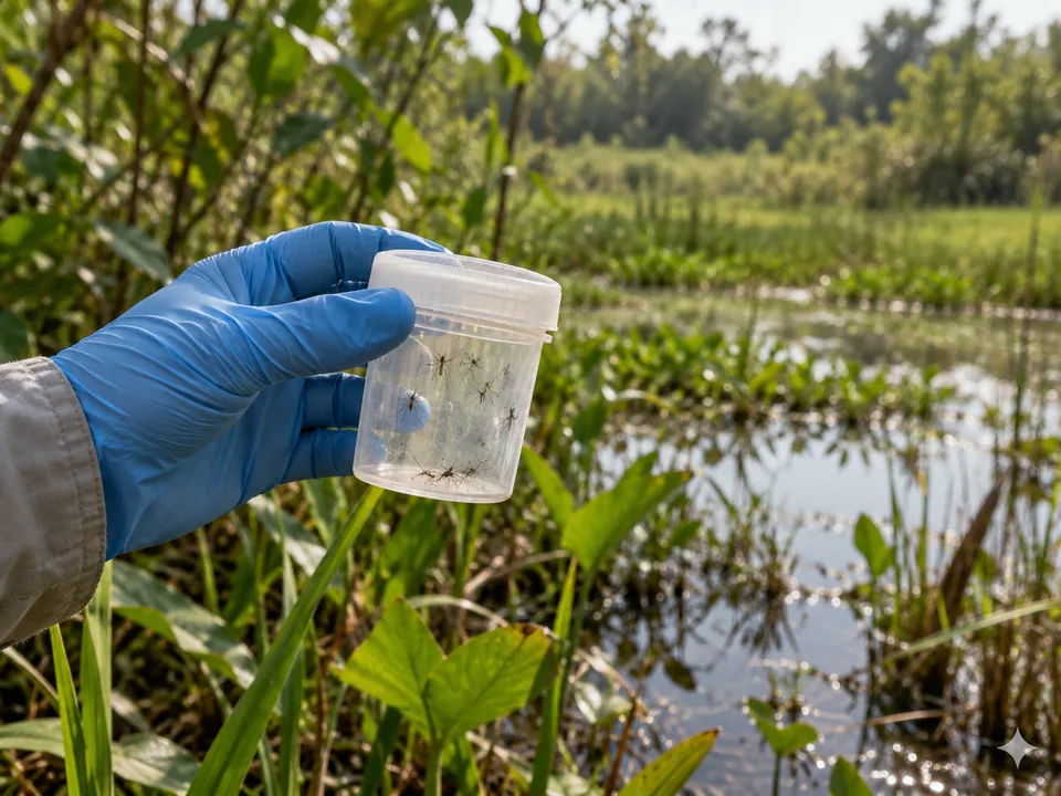 Illustrative image of a mosquito collection container beside wetland vegetation